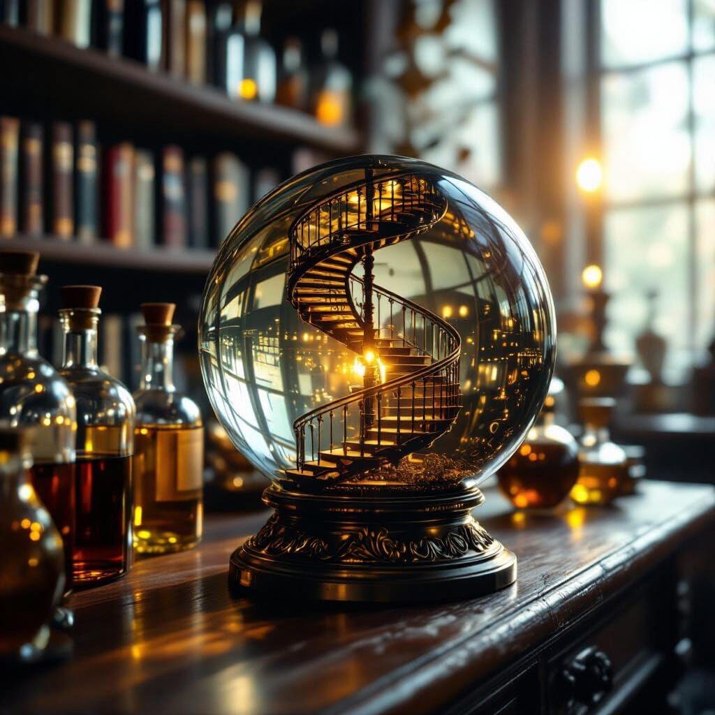 Enchanting Library Inside Glass Ball with Spiral Staircases