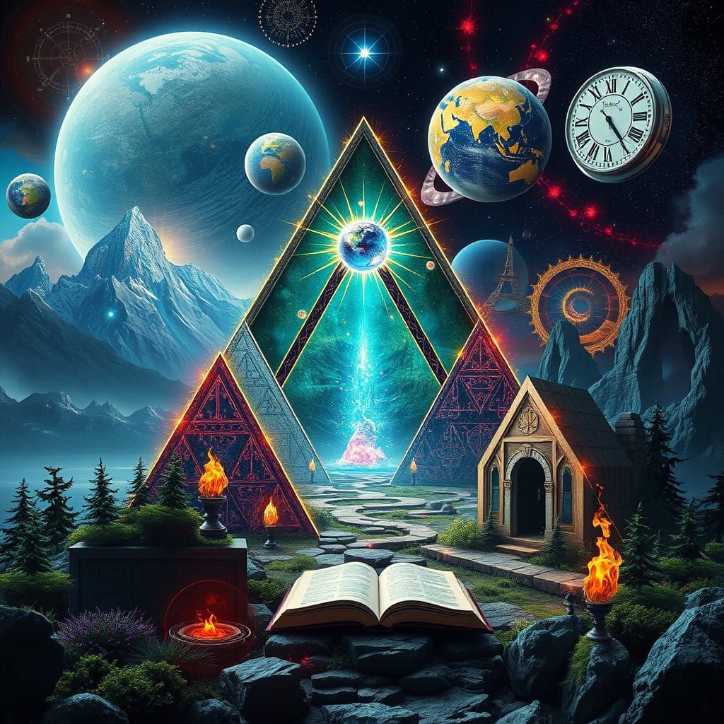 Surreal Cyberpunk Tower with Crystals and Planets