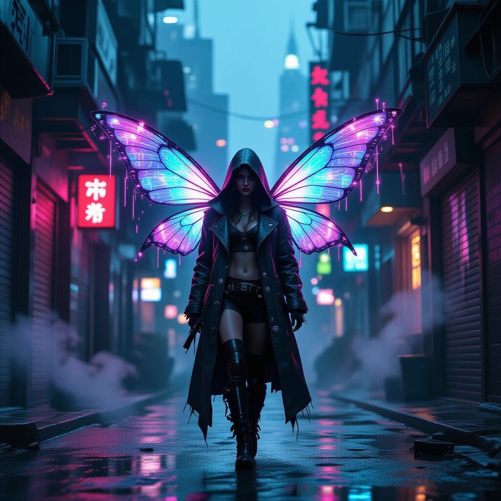 Cyberpunk Fairy in Neon Alleyway with Iridescent Wings