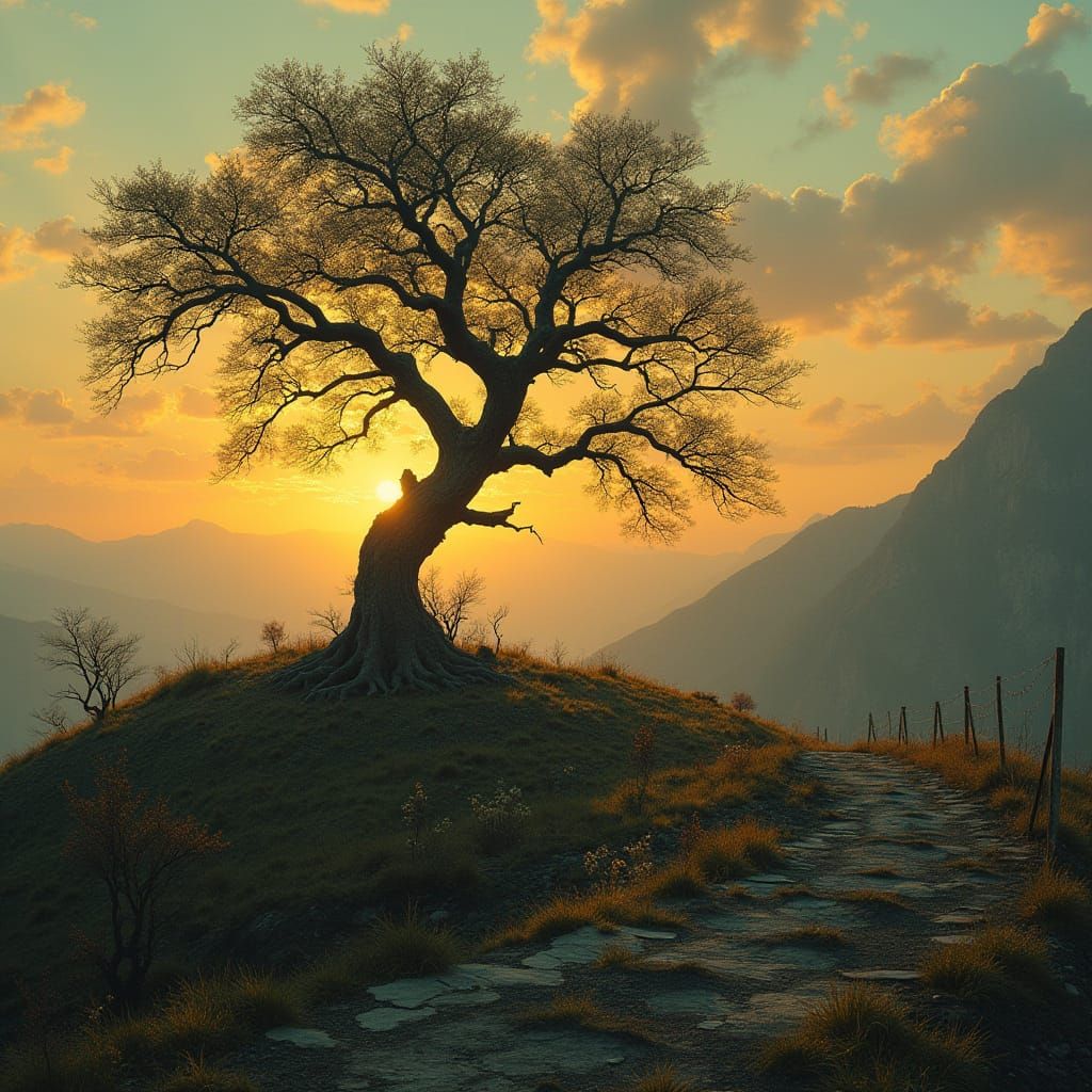 Cyberpunk Wasteland: Lone Tree Under Binary Sunset