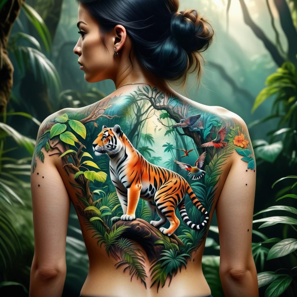 Hyperrealistic Jungle Tattoo on Woman's Back