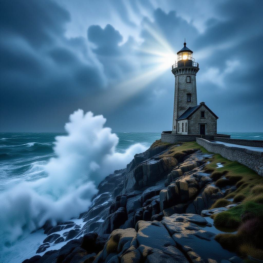 Solitary Lighthouse on Stormy Cliffside