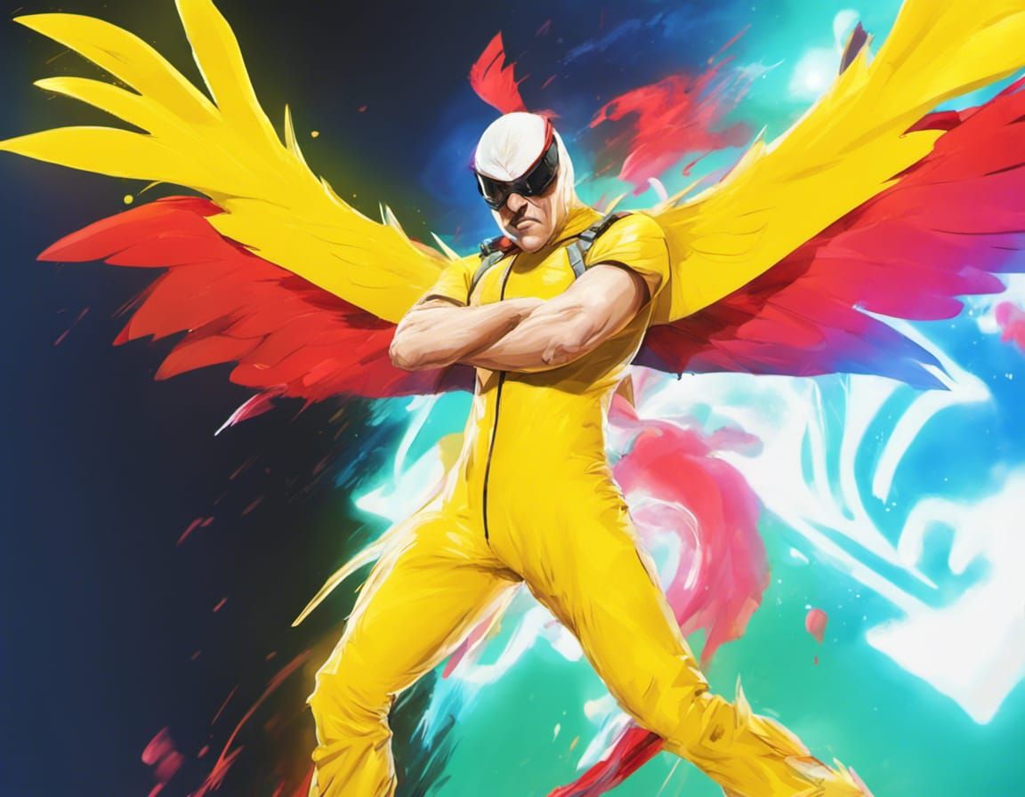 Hyperrealistic Man in Yellow Bird Costume