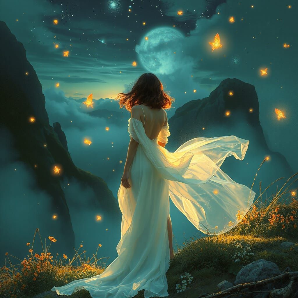 Whimsical Futuristic Dreamscape with Ethereal Woman