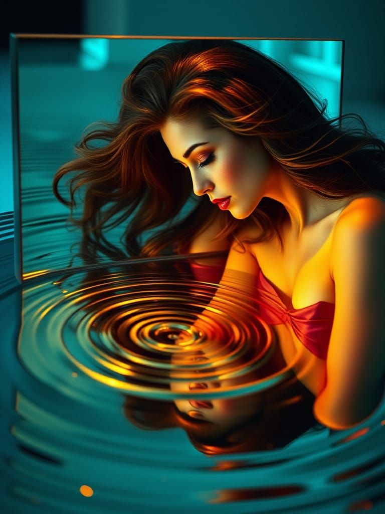 Woman and Mirror Reflection in Electric Blue and Gold