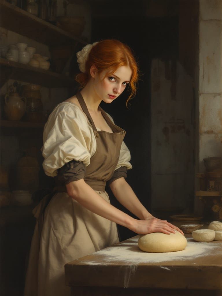 Redhead Baker Kneading Dough in Bustling Kitchen