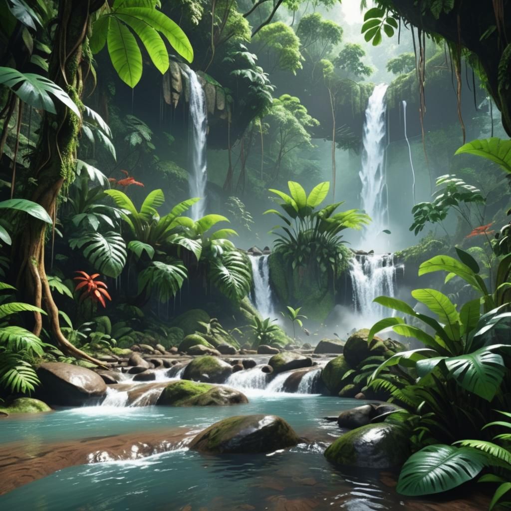 Lush Rainforest Waterfall in Realistic Style