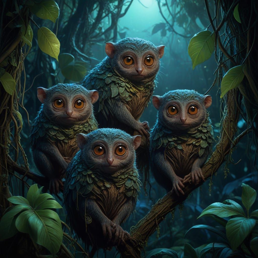 Tarsiers in Enchanting Twilight Jungle