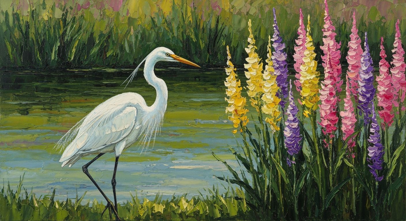 Elegant Egret at Mountain Pond: Neo-Impressionist Oil Painti...