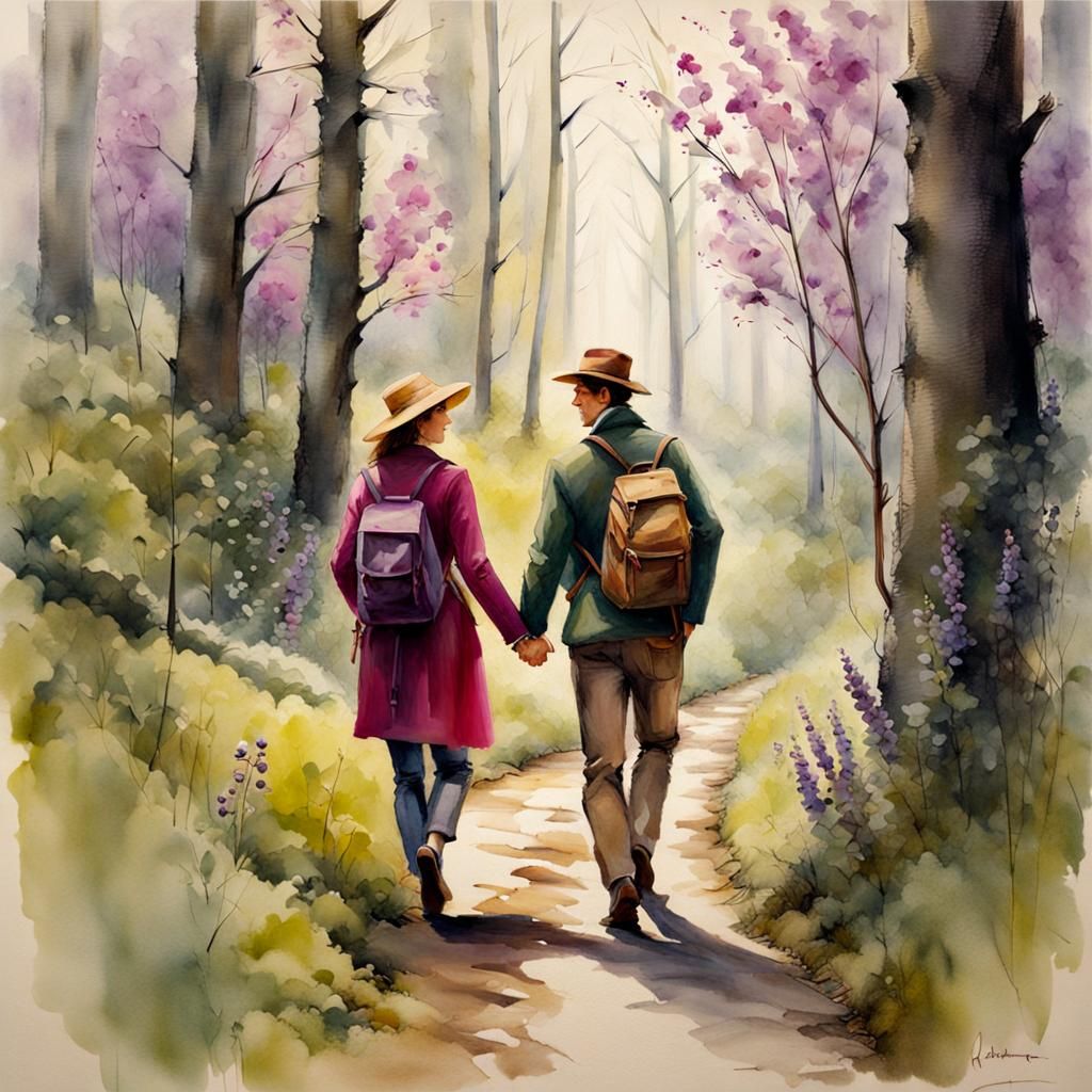 Happy Couple in Woods: Graphite Illustration