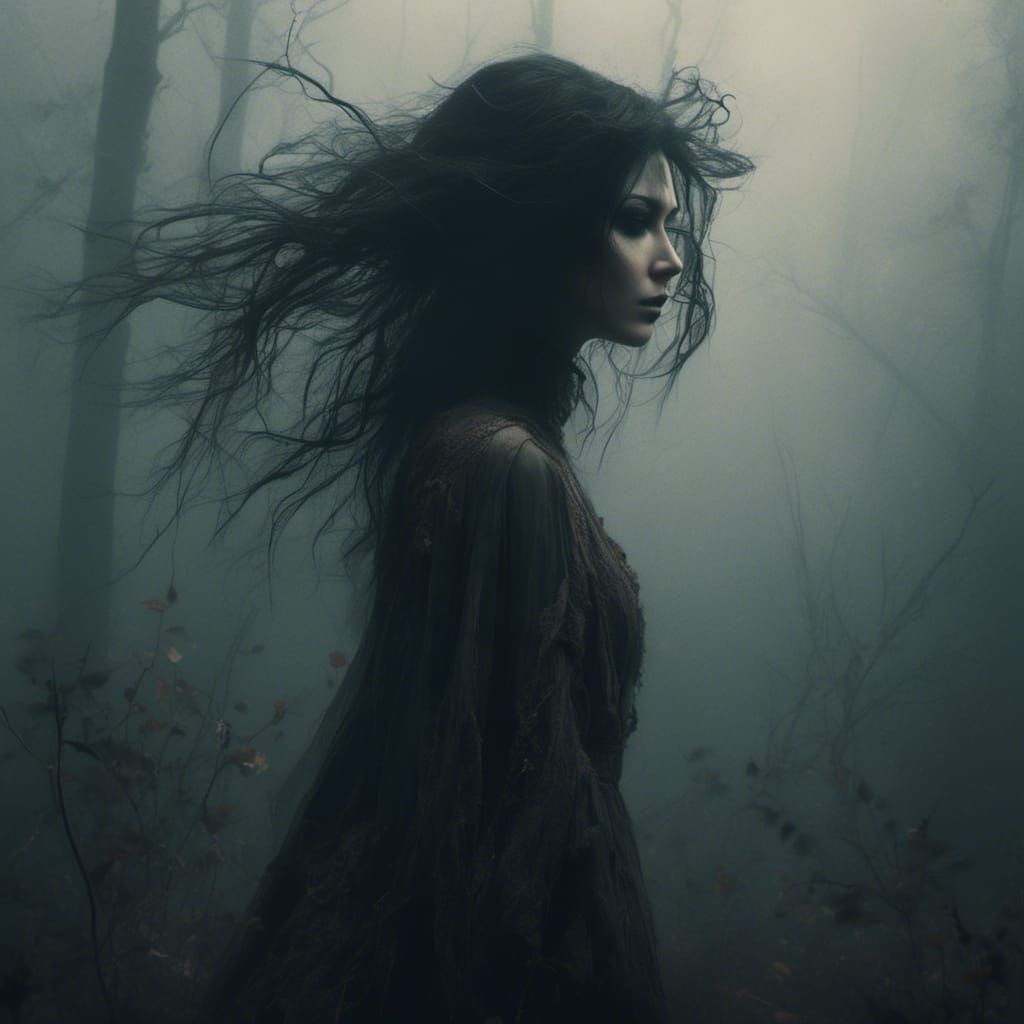 Ethereal Woman in Smoky Dark Fantasy Landscape