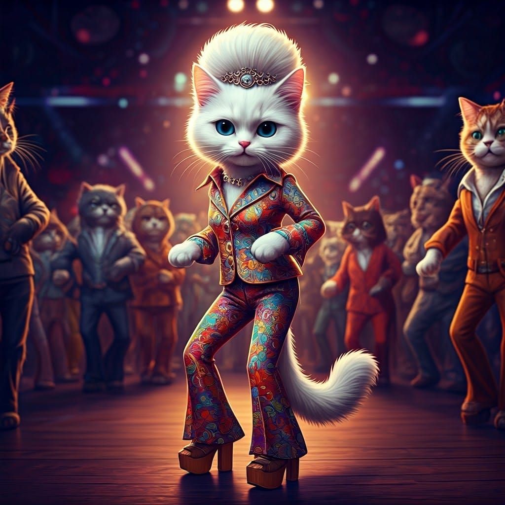 Disco Cat in 70s Outfit Dancing in Club Scene