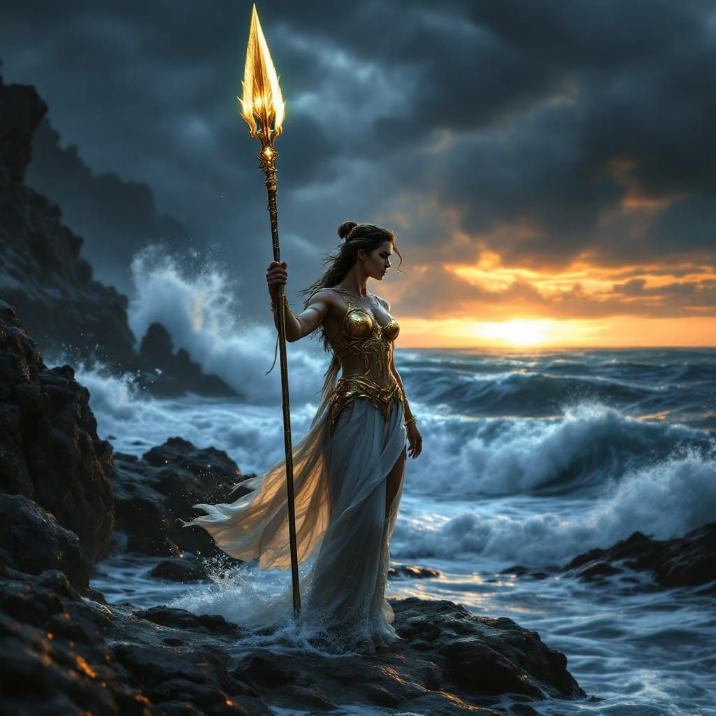 Athena's Radiant Spear Illuminates Stormy Coastline