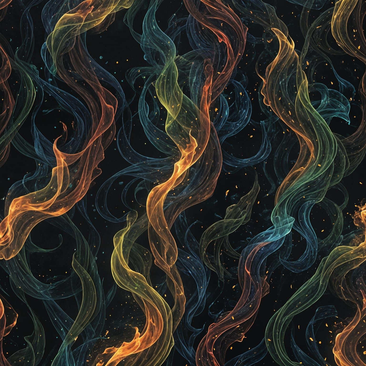 a black background with 4 dancing fires green, blue, red, an...