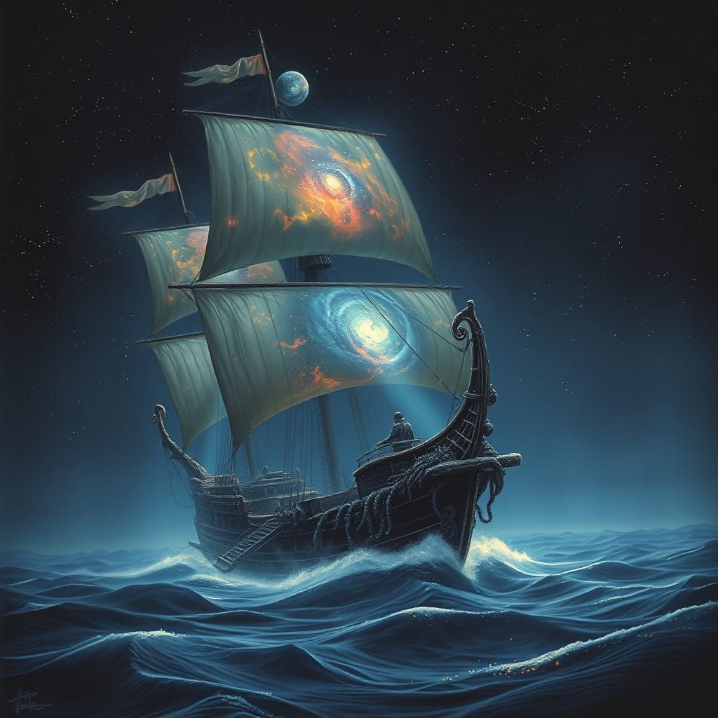 Spectral Galleon Sailing a Starlit Ocean