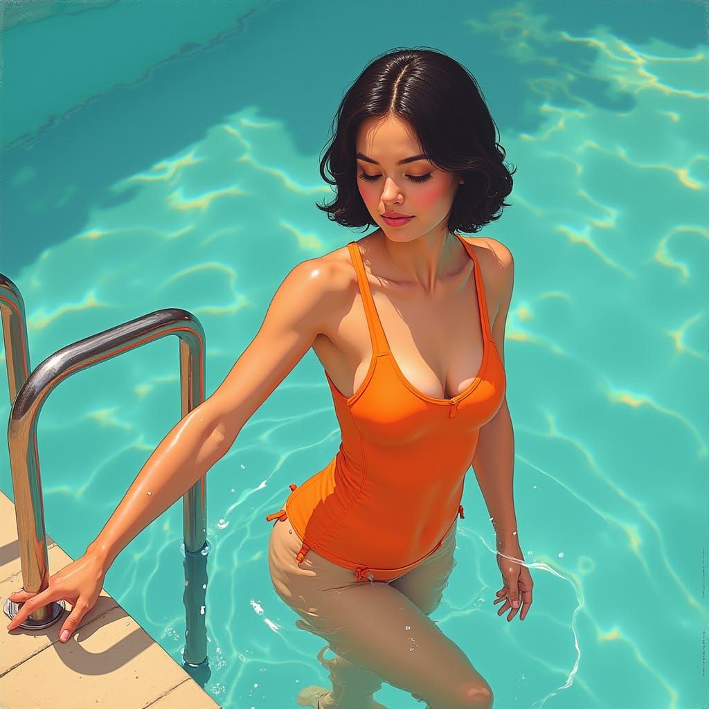 Woman Climbing Out of Pool in Hockney Style
