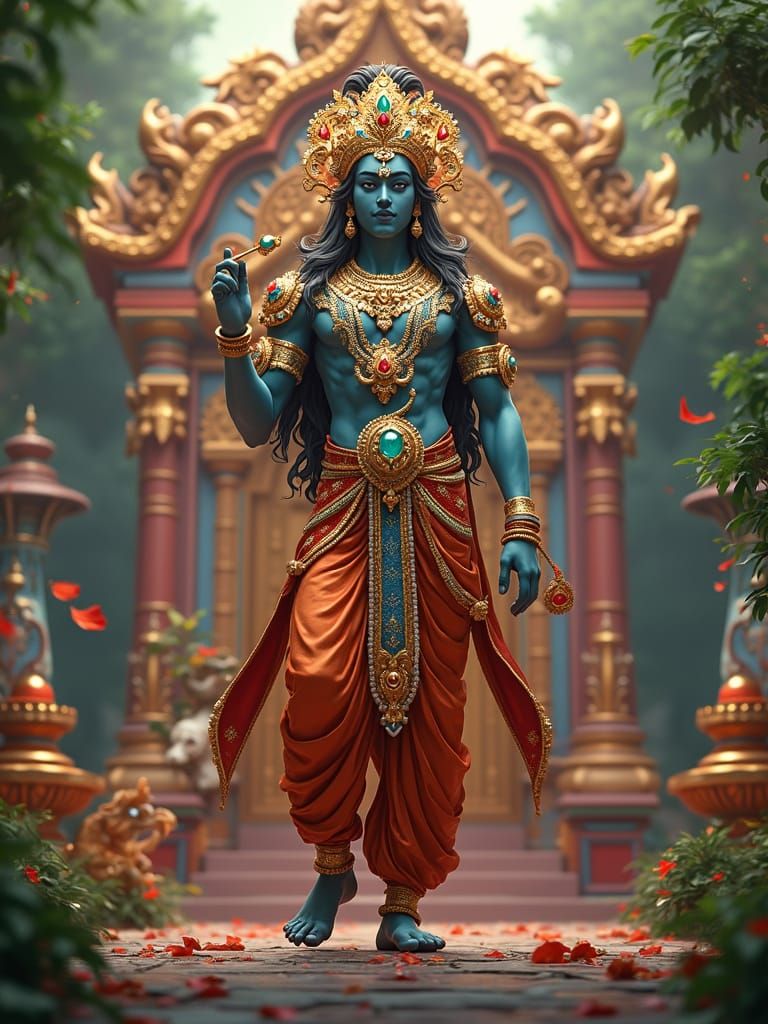 Ornate Hindu God in Temple: Anime-Inspired 3D Render