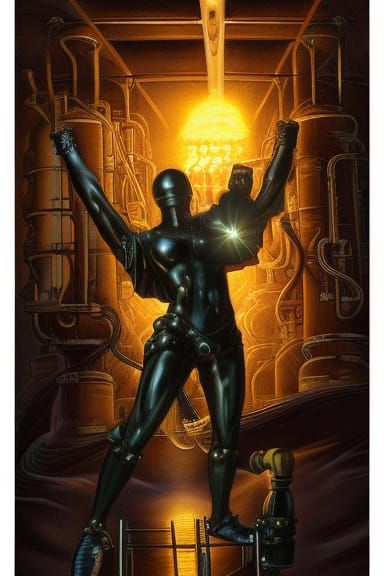 Steampunk Colossus Statue Oil Painting