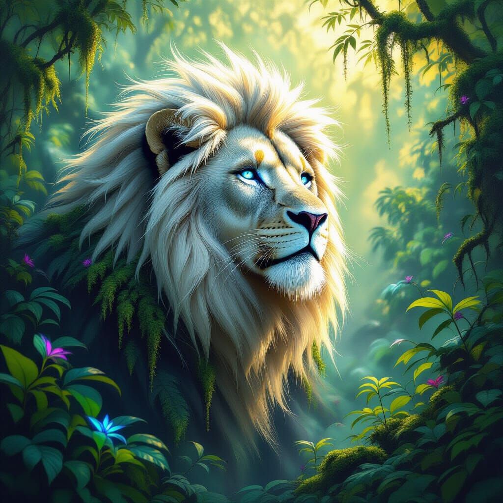 Bioluminescent Jungle Lion in Oil Painting Style