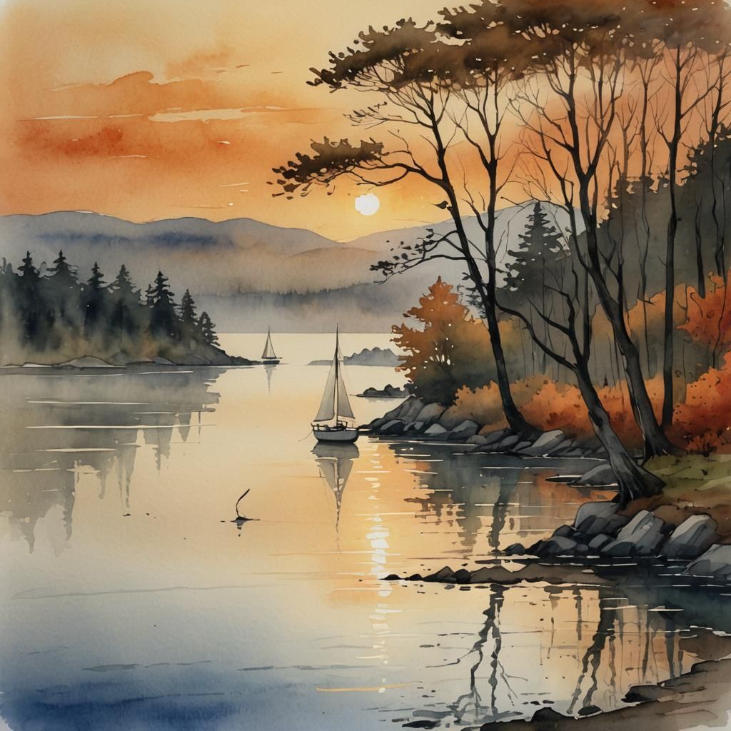 Sunset Over Serene Bay in Watercolor Style