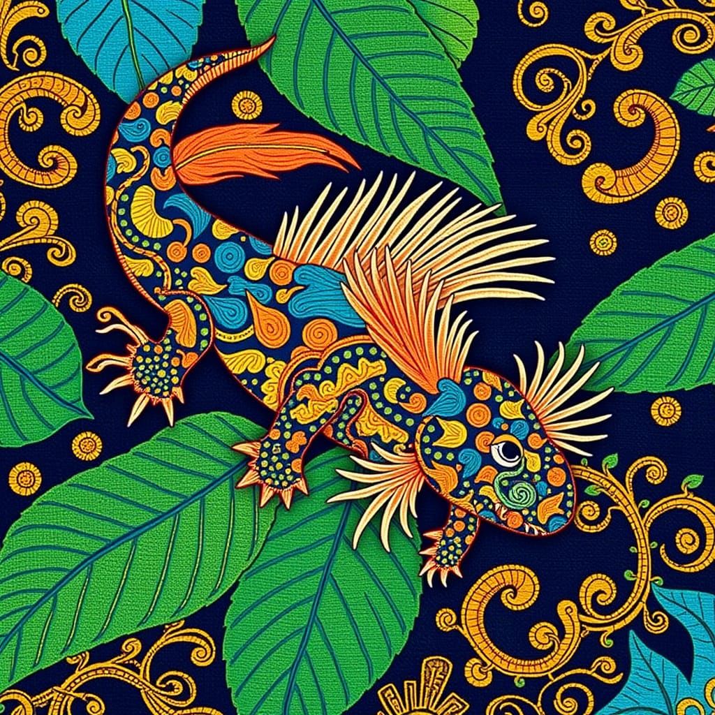 Batik style axolotl, leafy background