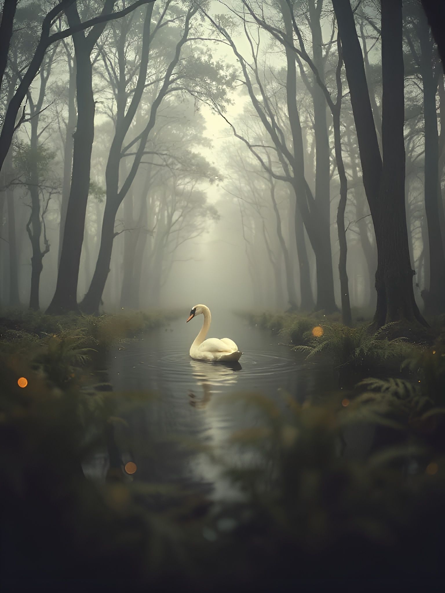 Swan Glides Through Misty Swamp in Earthy Tones