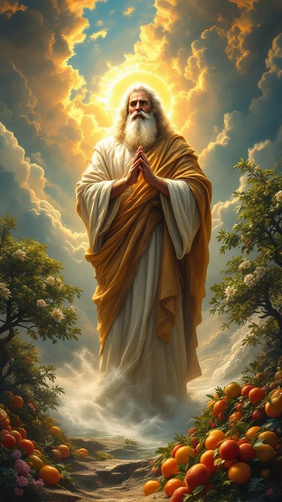 Divine Creation of Earth and Life Amidst Glowing Clouds