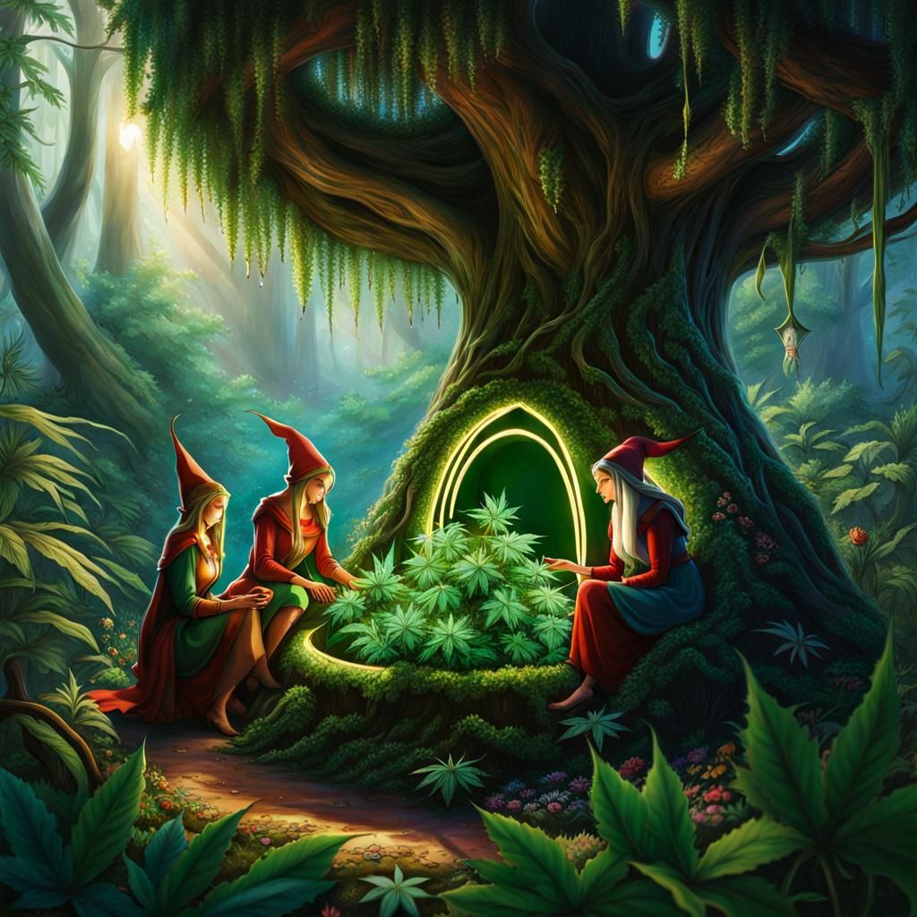 Elves Cultivating Cannabis in Fae Forest Tree Dome