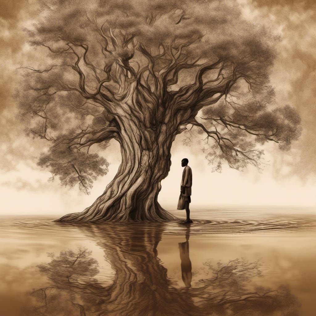 Sepia Drawing: Man, Tree, Water Reflection in Environmental ...