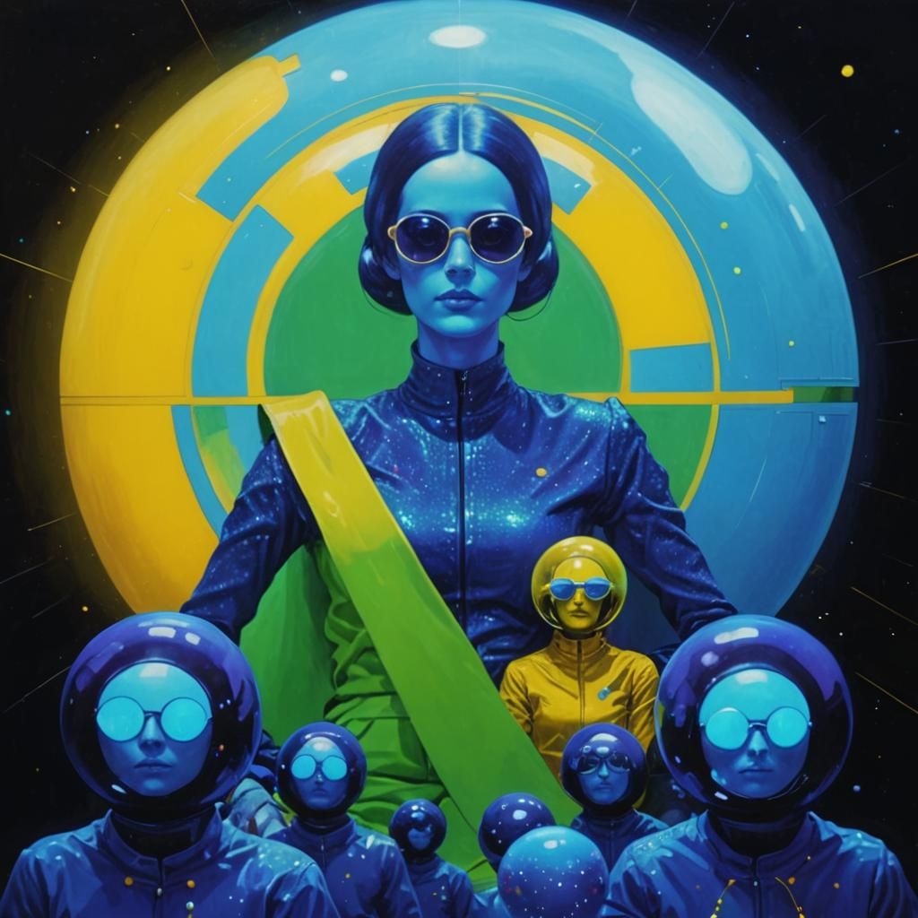 Retro 70s Group Gazing at Floating AI Entity