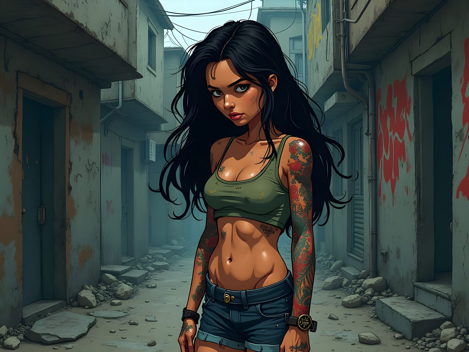 Brooding Hispanic Woman In Gritty Dark Deco Slums