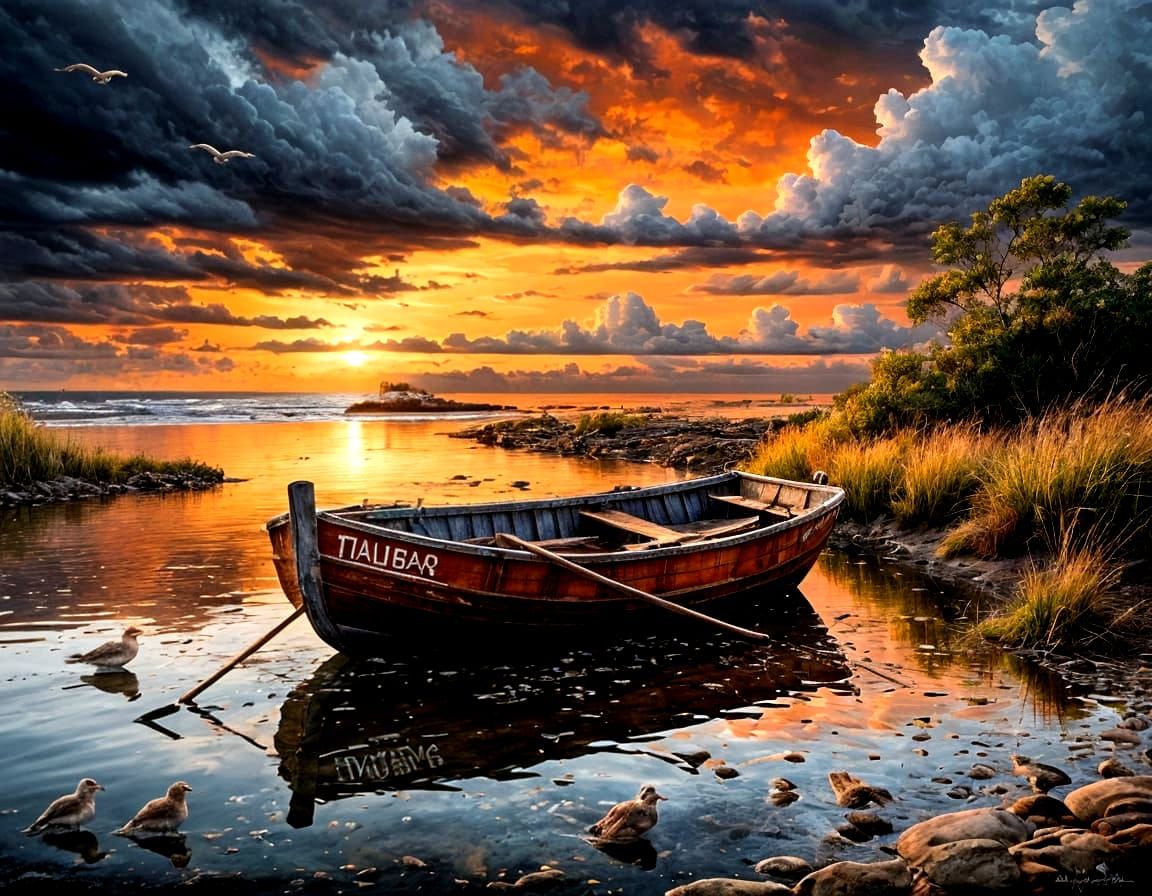 Overturned Rowboat at Sunset After the Storm