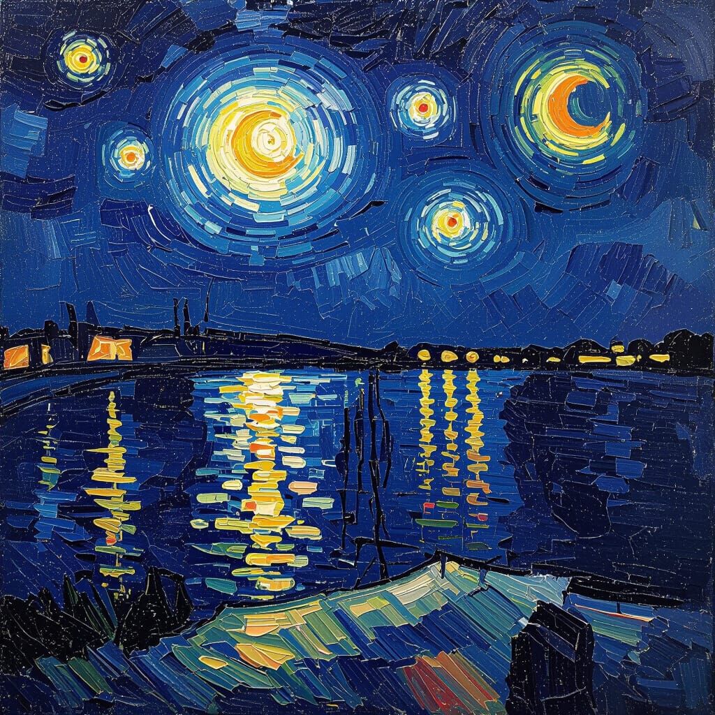 Impasto Moonlit Sea Reflecting Starry Night Sky