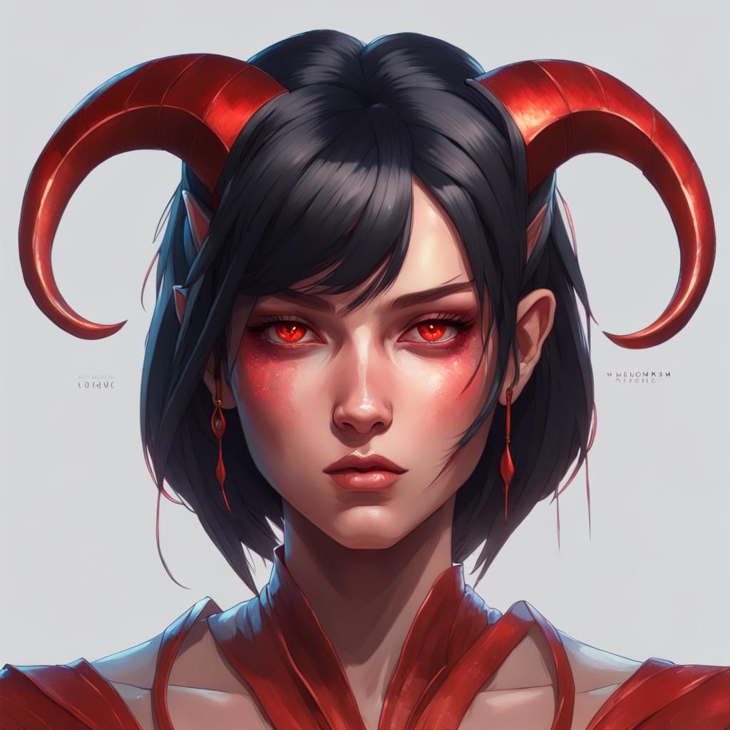 Red-Skinned Girl Portrait with Horns in Detailed Style