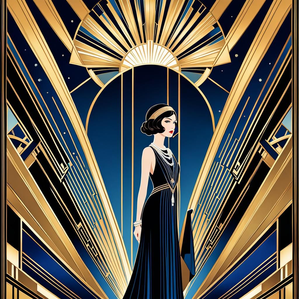 Elegant Art Deco Woman in Gold and Blue