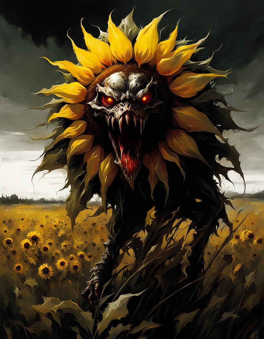 Menacing Sunflower in Dark Fantasy Illustration Style