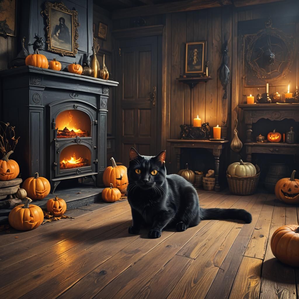 Black Cat with Pumpkins: Fantasy Concept Art