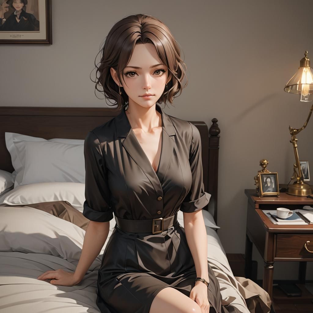 Glamorous Professor in Bedroom: 3D Anime Art