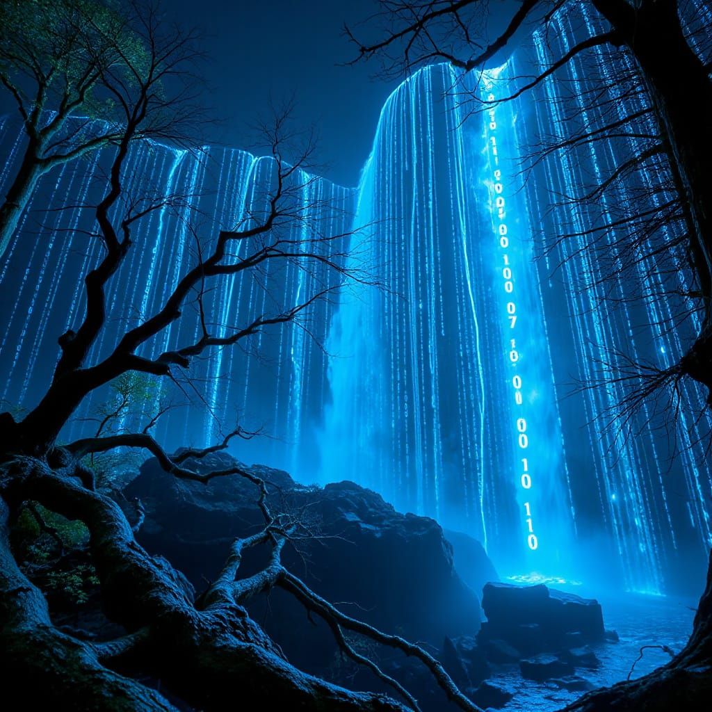 Bioluminescent Binary Waterfall in Tim Burton Style