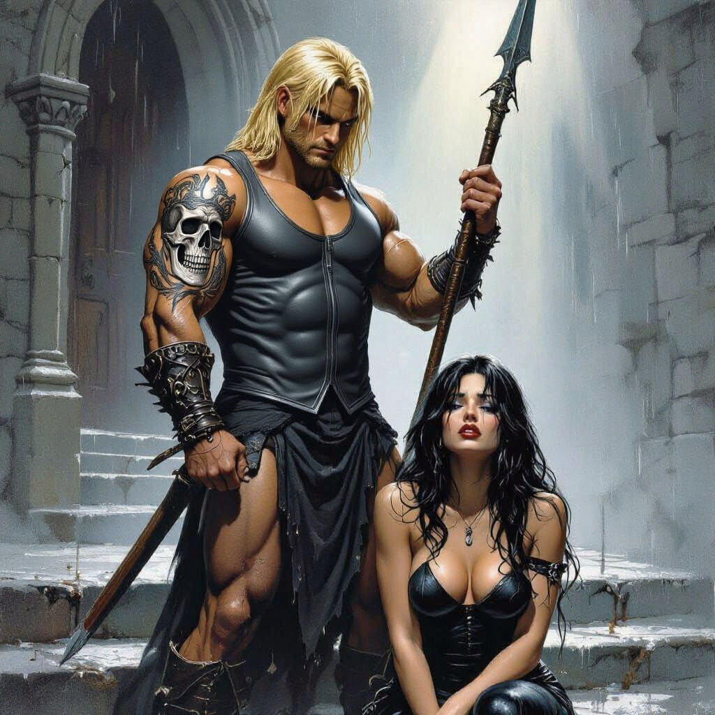 Warrior and Crying Woman in the Rain