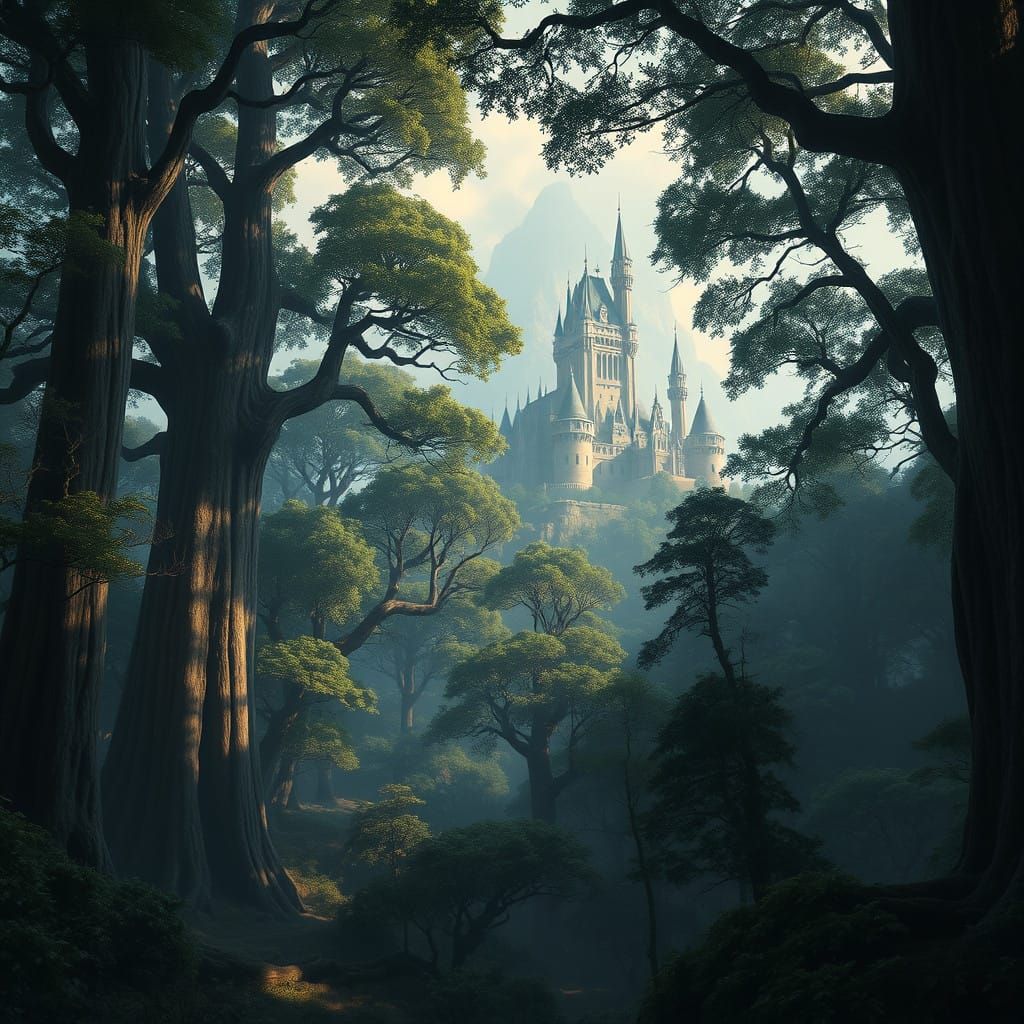 Majestic Primal Forests with Ancient Castle in Distinctive F...