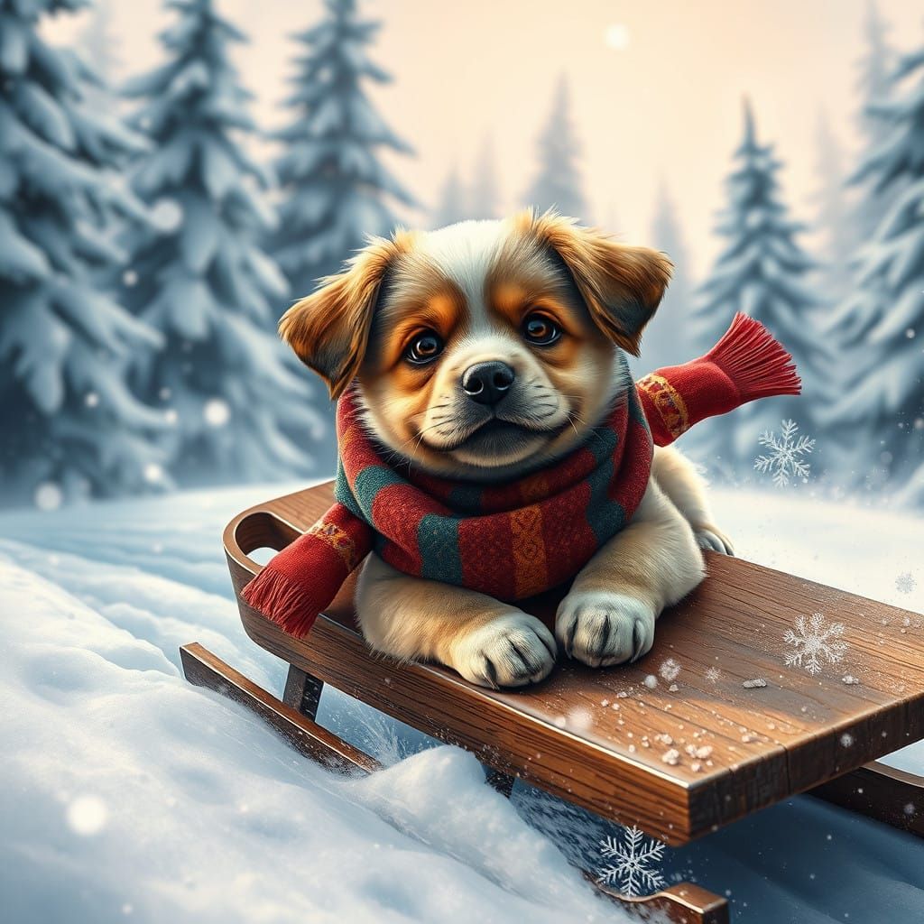 Scarfed Puppy Speeds Down Snowy Hillside in Winter Wonderlan...