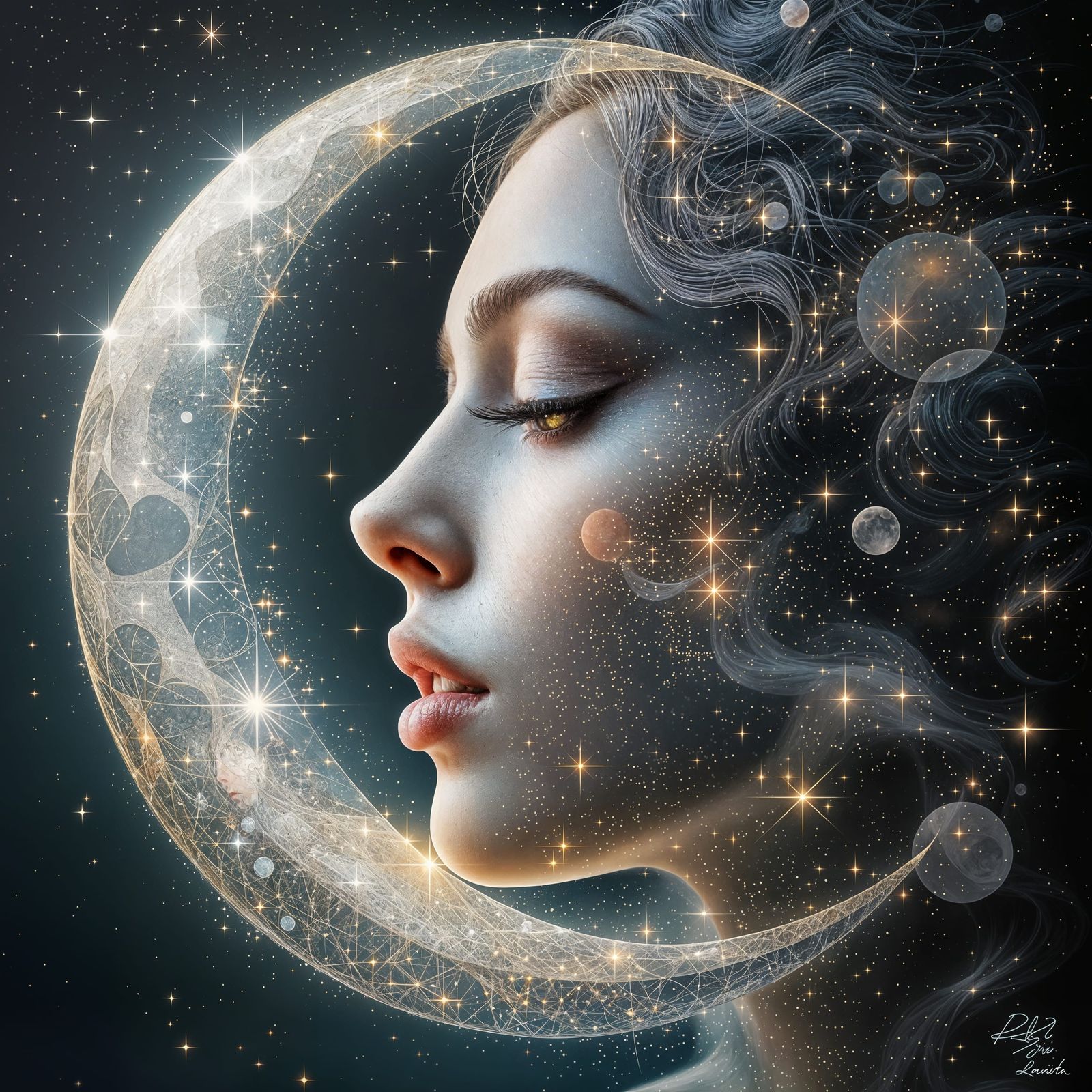 Surreal Crescent Moon Female Face in Dadaism Style