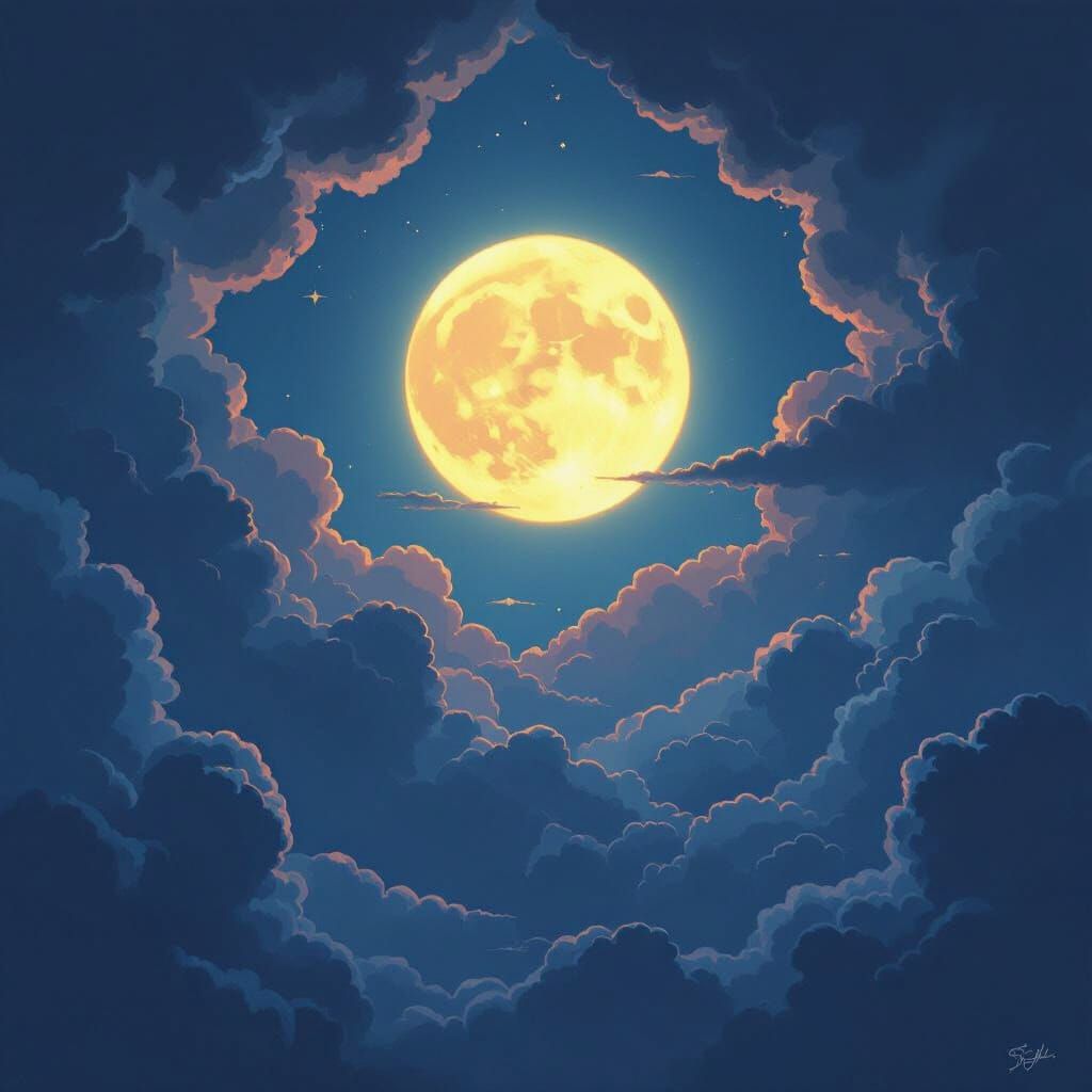 Ethereal Moonlit Night with Glowing Sun