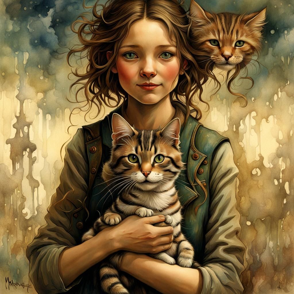 Woman Holding Cat in Watercolor Style
