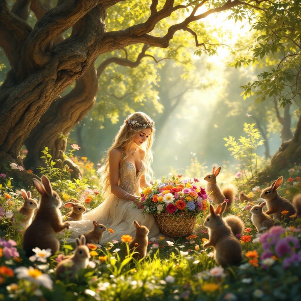 Blonde Maiden Surrounded by Wildflowers in an Enchanted Fore...