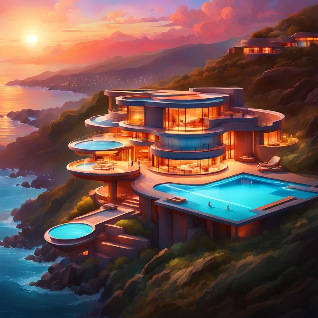 Luxury Hillside Estate with Infinity Pool in Digital Art