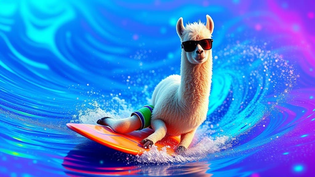 Hyper Realistic CGI Llama Surfs Zen-like Waves