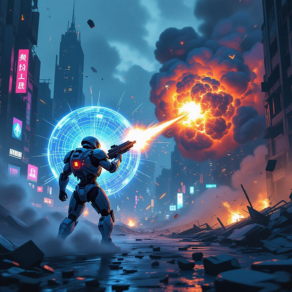 Cyborg Defends City with Force Field from Nuclear Blast