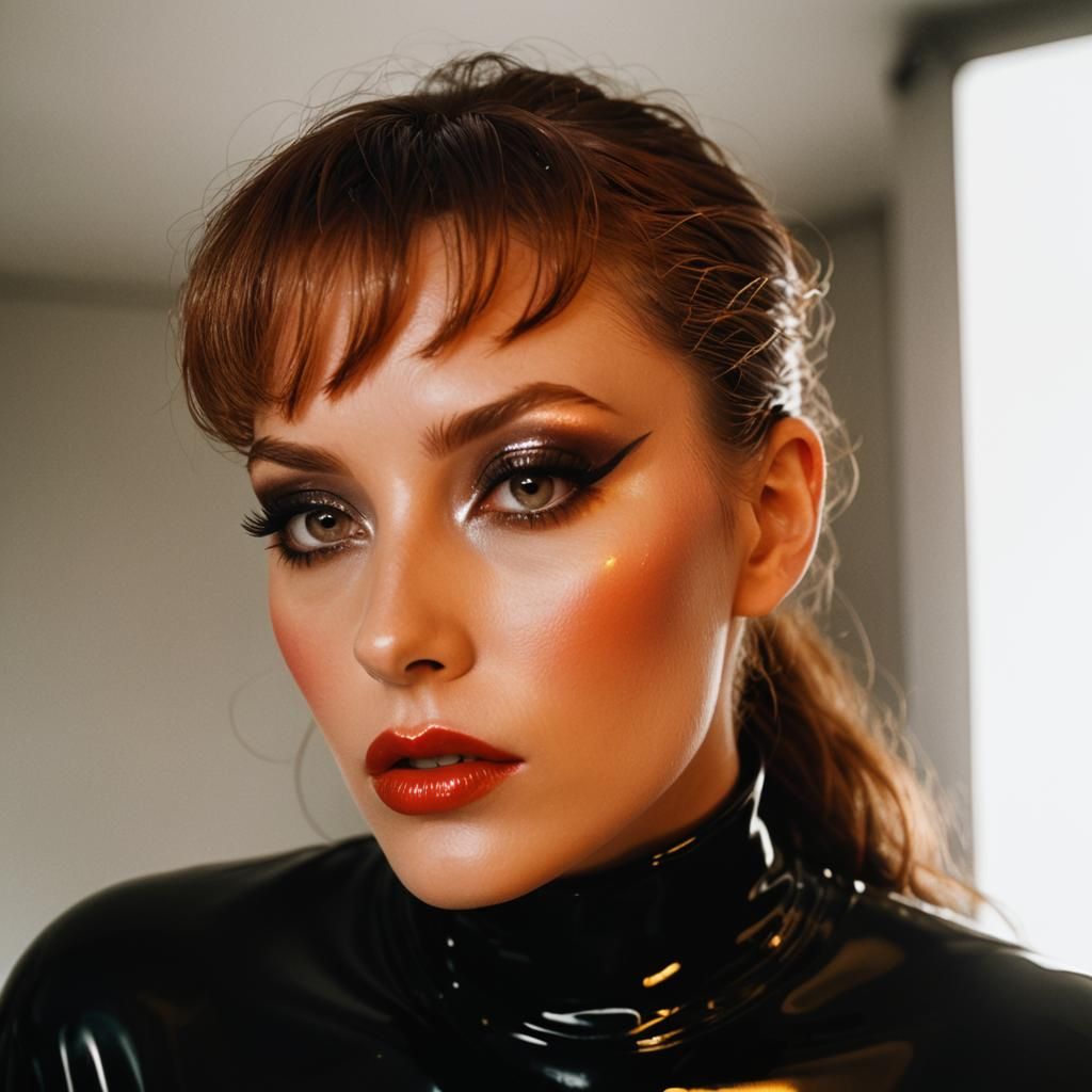 Glamorous Woman in Latex Catsuit with 80s Makeup